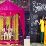 Mehendi: Bridal seating, floral decor, photobooth