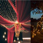 Reception: Drapes, fiery lights, lanterns