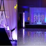 Sangeet: DJ, Dance floor, bride & groom seating, backdrop, lighting