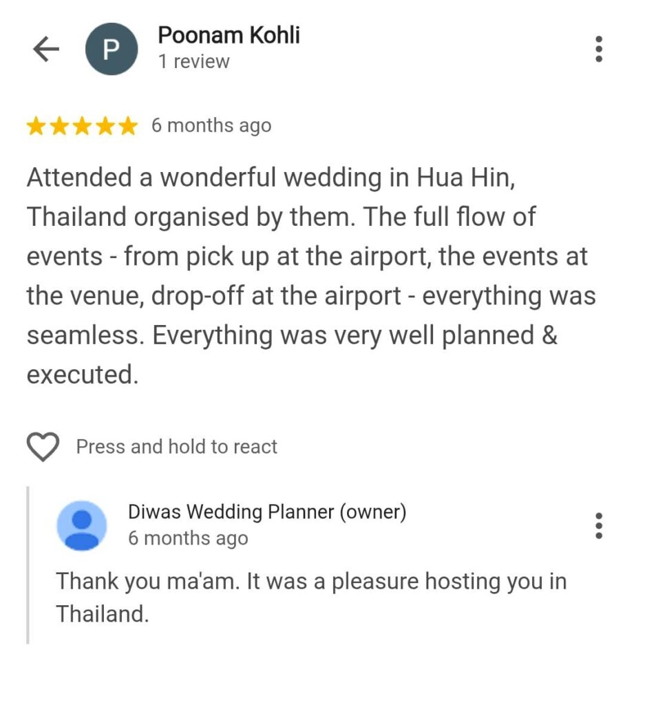 Thailand wedding review for Diwas wedding planners